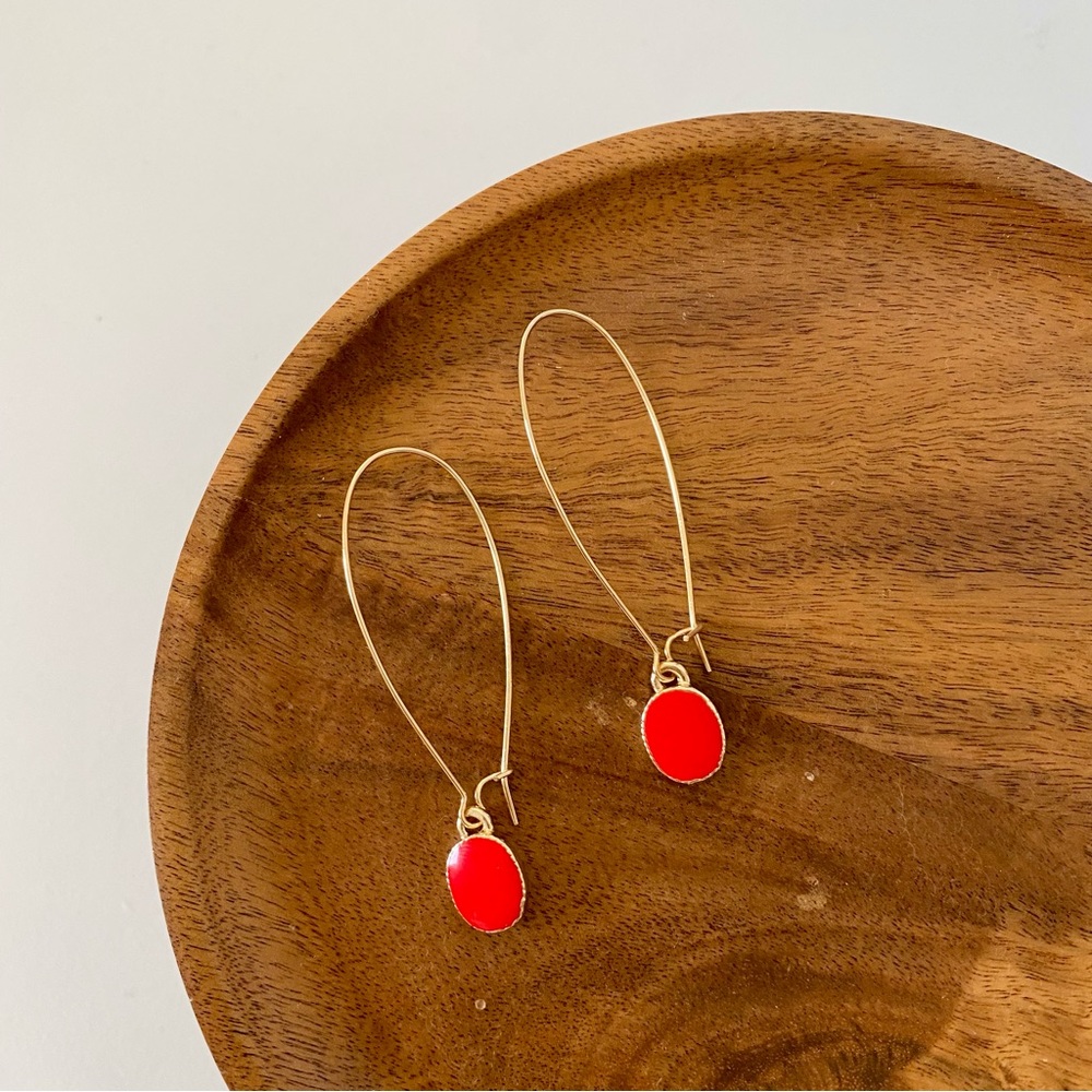 4/$15 Red Rouge Enameled Oval Drop Kidney Hoop Earrings